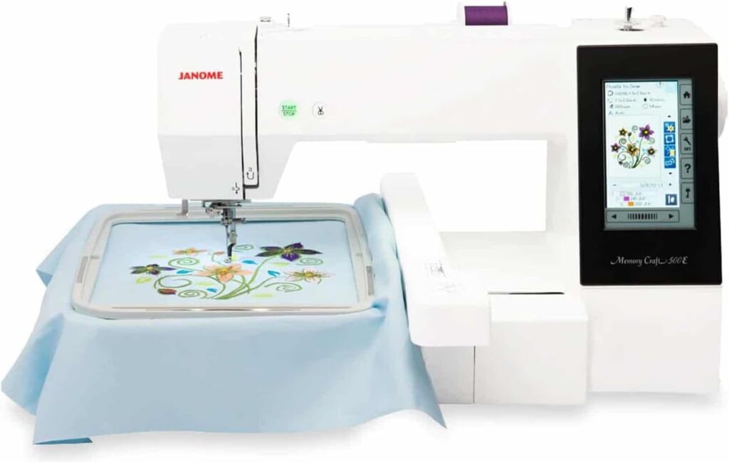 Janome 500 E: Computerized Embroidery Machine with Built-in Designs and Hoop Capability.